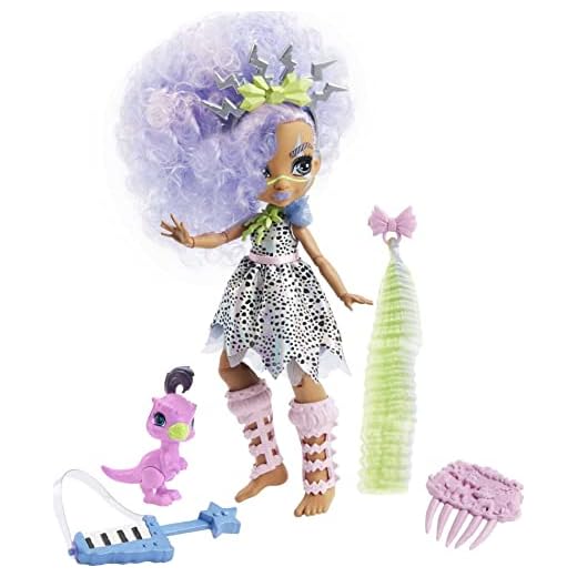 Cave Club Bashley Doll (8 – 10-inch, Lavender Hair) Poseable Prehistoric Fashion Doll with Dinosaur Pet and Accessories, Gift for 4 Year Olds and Up [Amazon Exclusive]