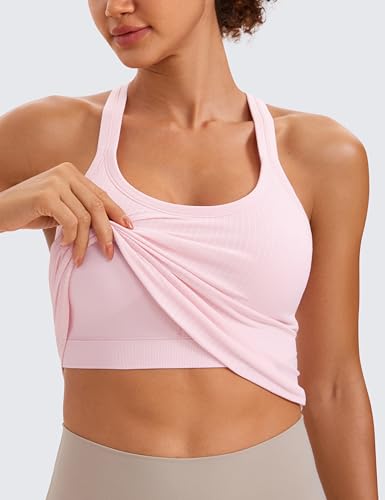 Image of CRZ YOGA Seamless Rib Racerback Tank Tops | Light Support, Built in Bra, Removable Pads, Yoga, Ribbed, High Neck, for Women