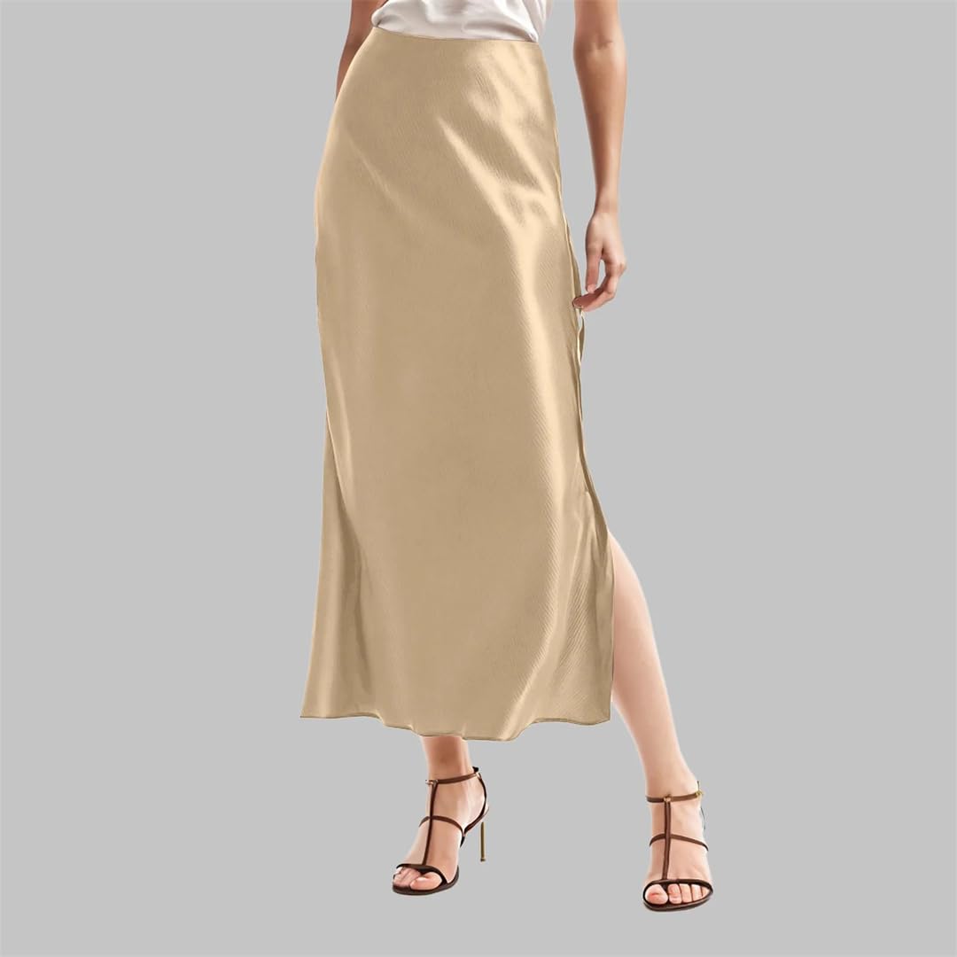 Jupes en satin taille haute solide taille élastique jupe femme fente latérale jupe en satin vintage