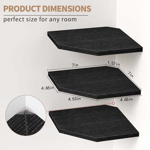 Image of Fun Memories Corner Shelf Wall Mount, Floating Corner Shelves, Set of 6 Corner Wall Shelf Organizer, Rustic Wood Wall Storage Display Shelves for Living Room Bedroom Bathroom Kitchen, Classic Black