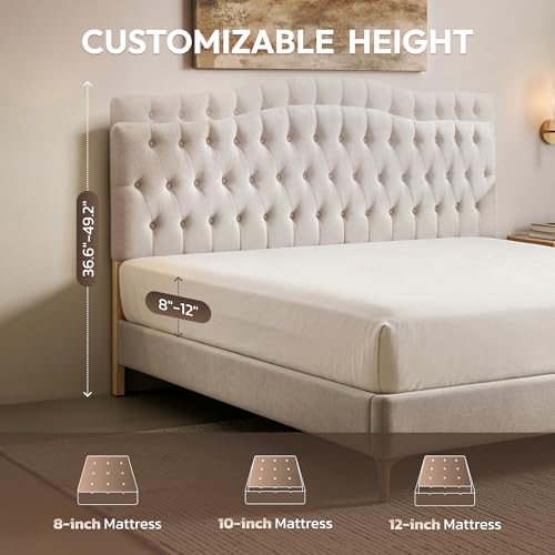 Iroomy Upholstered King Headboard, Button Diamond Tufted Headboard with Adjustable Height and Solid Wood Leg, Linen Fabric Padded Headboards for King Size Bed, Mordern Head Board, Beige — view 2