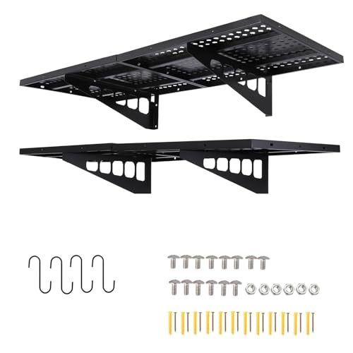 Garage Shelves Wall Mounted 2 Pack, 51x122Cm Garage Storage Shelving, Heavy Duty Wall Mounted Tool Storage Rack 254Kg Load Capacity, Tool Organizer with Hardware Hooks for Utility Room Shop Garden