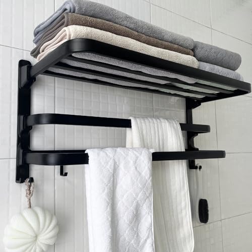 24in Towel Racks Shelf for Bathroom, Foldable Wall Mounted Towel Storage with 2 Towel Bar 9 Hook, Modern Rustproof Towel Holder with Shelves, Towel Hanger for Hotel Dorm Restroom RV Gym Toilet, Black