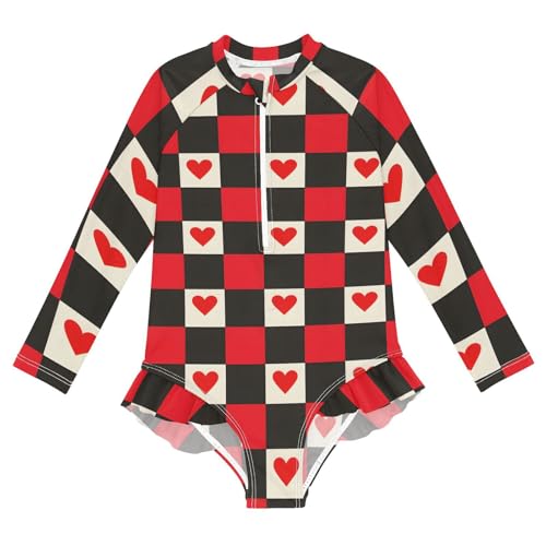 Girls One Piece Swimsuits Long Sleeve Swimsuit Zipper Bathing Suits Red Black Checkered Hearts