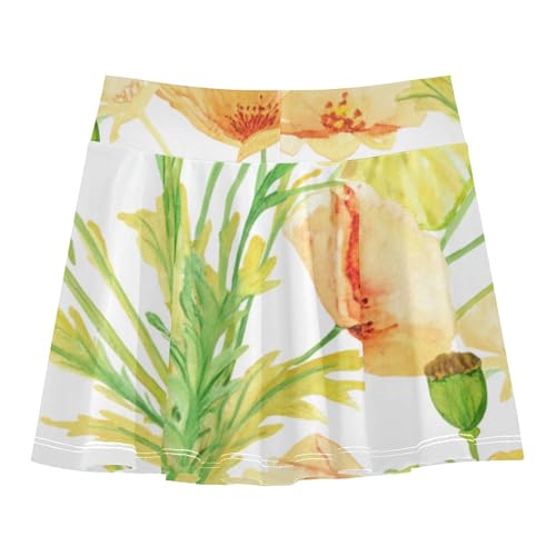 Watercolor Poppy Flowers Floral Toddlers Tennis Skirts Breathable Girls Skorts Athletic Shorts Teen Skirt 4t2