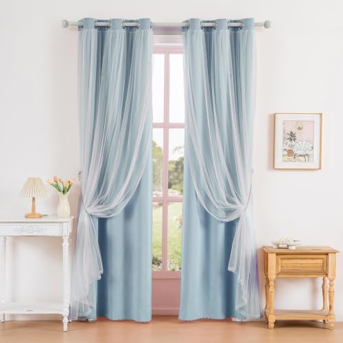 Image of Anytime Double Layer Blackout Curtains 2 Panels,35Wx95L,Sky Blue | Sheer And Fabric Window Drapes Grommet Top Solid Color Bedroom Living Room Home Decor