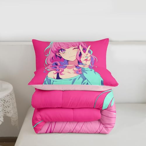 Image of Erosebridal Japanese Anime Bedding 3D Anime Girl Comforter Set, Kawaii Japanese Style Bedding Comforter Sets Cartoon Uniform Girl Duvet Insert for Girls Hot Pink Room Decor, King