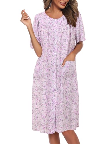 Image of COSUNIONY House Dresses for Women Cotton Short Sleeve House Coat Buttons Down Dusters Robe with Pockets S-XXL
