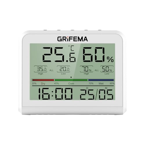 GRIFEMA GA2901, Termómetro Digital Interior del Higrómetro, Digital Medidor de Humedad con Retroiluminación, Registro Máx/Mín, Reloj/Fecha, Ideal para Hogar/Invernadero, Blanco