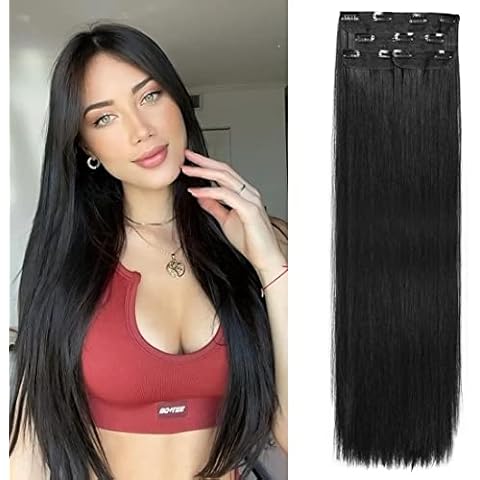 DOCUTE Natural Black Clip in Hair Extensions Black Women 4 Pieces, Full Head Long Straight Hair Extensions Clip ins Double Weft Thick Hair Extensions Hair Classic Pieces (26", Natural Black) Cover