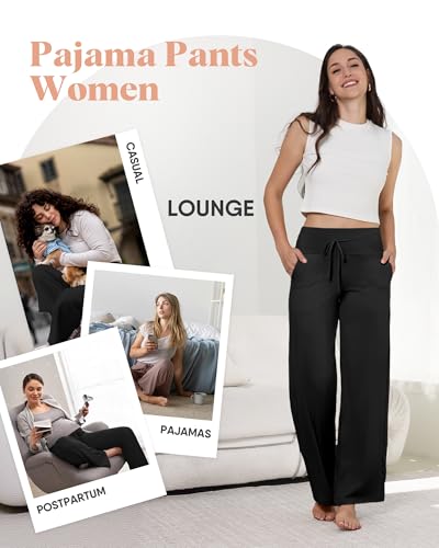 Image of ZOOSIXX Soft Black Pajama Pants for Women, Wide Leg Pants Woman Flowy Comfy Casual Lounge Yoga Capri Pants 22 inch / 30 inch