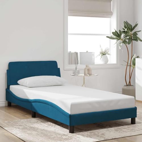 ACAGALA Cama tapizada de 100 x 200 cm, estructura individual con cabecero acolchado, moderno marco de cama con diseño ondulado, somier de listones de madera y patas metálicas, funda de terciopelo