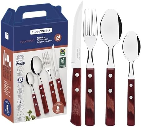 Faqueiro 24 Peças Polywood Sortidos com Laminas de Aço Inox e Cab...