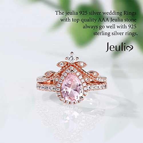 Image of Jeulia Engagement Rings Sterling Silver Halo Pear Cut Synthetic Pear Shape Natural Pink Rose Gold Diamond Bridal Set Halo Art Deco Wedding band Anniversary Promise Jewelry Crystal With Gift Box