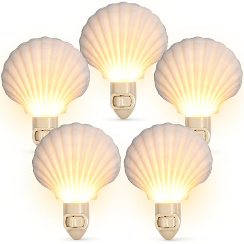 Image of Sea Shell Light - Seashell Night Light Plug in Manual - 5 pc White Clam Sea Shell Night Light Shell - Beach Night Light Plug in - Seashell Light - Bathroom Night Light - Nautical Nightlight Plug in