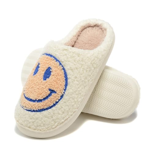 LIONPARK Retro Fuzzy Happy Face Slippers for Women Men Soft Fluffy Warm Non-Slip Happy Face Design Indoor Outdoor Anti-Skid Memory Foam Slides Blue