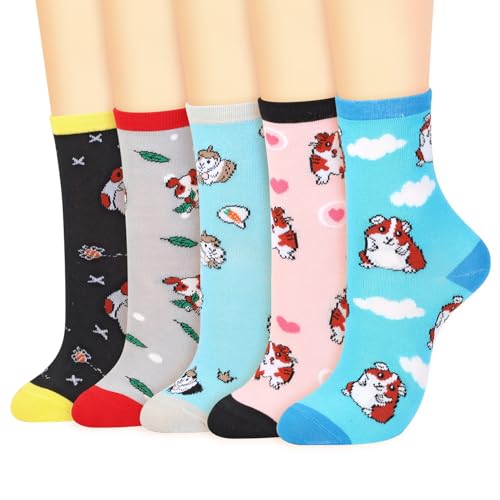Vinsani Lot de 5 paires de chaussettes amusantes en coton coloré avec imprimé animal | Taille unique douce, respirante, confortable, usage quotidien, école, décontracté, taille 37-40, Cochon d'Inde