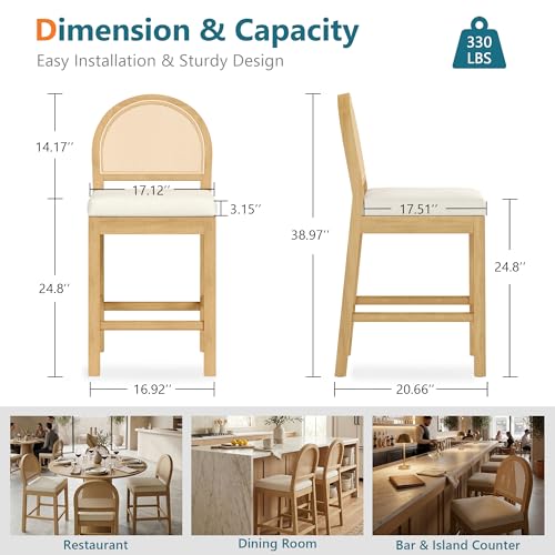 Image of Upholstered Wooden Rattan Bar Stools Set of 2, Island Chairs (Cream White) | STHOUYN, Counter Height, Solid Wood, Rattan Woven Back, Faux Leather Seat, Mid-Century Modern, Kitchen