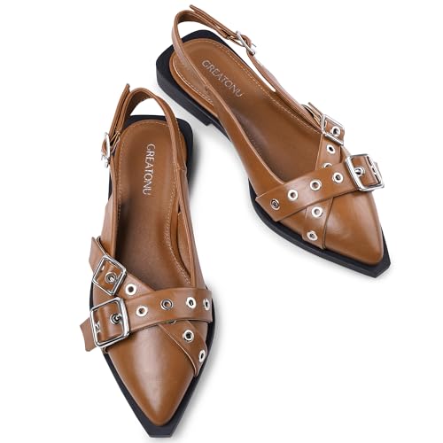 Greatonu Women's Slingback Flats for Women Ballerina Shoes Studs Buckle Flat Shoes Cross Strap Closed Toe Sandals Pointed Toe Ballet Flats Casual Party Dressy Shoes