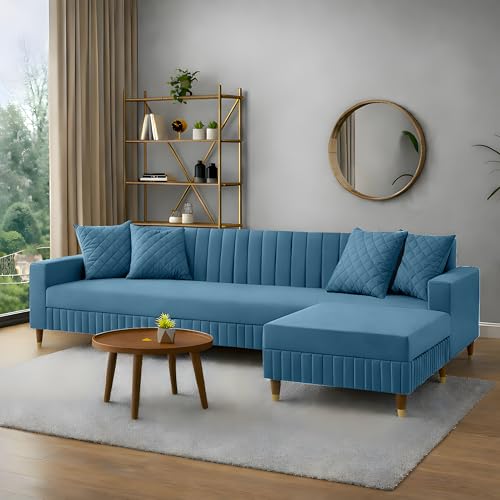 Image of AMATA Omega Solid Wood 4 Seater L Shape Sky Blue Suede Velvet Fabric Sofa Set with Four Cushions Perfect for Home Office Guests Living Room (03 Sky Blue, Omega L Shape 4 SSEATER)(03 Year Warranty)