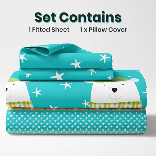 Image of LORETO - A QUALITY LINEN BRAND 186 TC 100% Pure Cotton Single Fitted Bedsheet with 1 Pillow Cover for 78 x 36 Inch Mattress, All-Around Elastic, 8 Inch Deep Pocket, Teal Bear