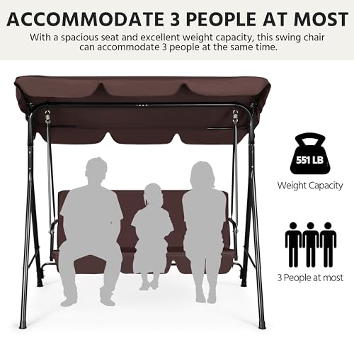 Image of Yaheetech 3-Seat Patio Swing Chair, Adjustable Canopy & Cushion, Dark Brown | Outdoor Glider Swing, 550lb Capacity, Tilting Sunshade, Anti-Slip Pads, Weather-Resistant Fabric, Ez up, Sturdy A-Frame