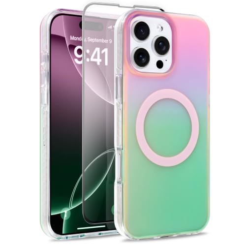 Image of Magnetic Case for iPhone 16 Pro Max [Compatible with Magsafe] | [Anti-Yellowing] [1 Screen Protector] Cute Fashion Iridescent Case for iPhone 16 Pro Max 6.9 inch 2024, Pink Green