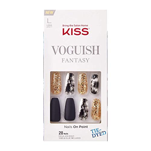 KISS Voguish Fantasy Ready-to-Wear Press-On / Glue-On Gel Nails, Style â€œNew Yorkâ€, Long Length Gel Nail Kit with 24 Adhesive Tabs, Gel Nail Glue, Manicure Stick, Mini File, and 28 Fake Nails