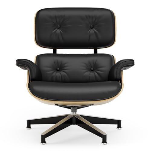 Image of Top Black Grain Leather, Mid Century Chaise Lounge Chair and Ottoman, Modern Chair Classic Design, Ash Wood, Heavy Duty Base Support for Living Room Office
