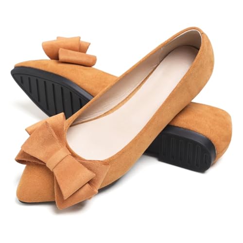Image of SAILING LU Womens Bowknot Ballet Flats Pointy Toe Suede | Casual Flat Shoes, Dressy Wear to Work, Moccasins, Slip-Ons