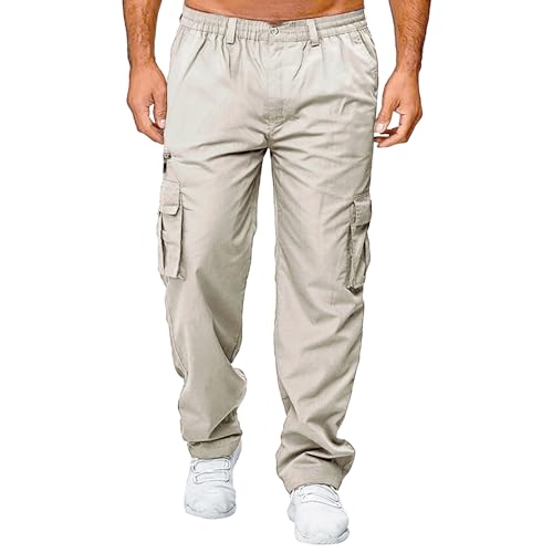 FUNRKLI Pantalones cargo de ajuste relajado para hombre, elásticos, de ajuste delgado, de gran tamaño, pierna recta, pierna ancha, con múltiples bolsillos, pantalones casuales, beige, M