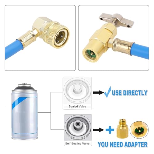 Kit de mangueras para refrigerante, kit de recarga de refrigerante para aire acondicionado con manómetro, válvula dispensadora de lata de 1/2 pulgada, acoplamiento rápido R134A para aire acondicionado automotriz miniatura 3