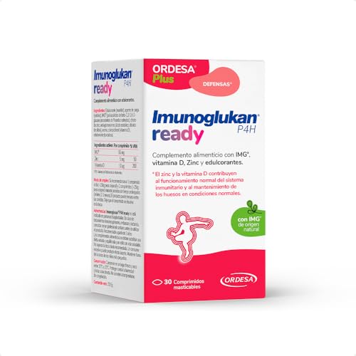 Imunoglukan P4H ready | 30 Comprimidos Masticables | Complemento Alimenticio con IMG, Vitamina D, Zinc y edulcorantes para las Defensas y los Huesos - Sabor Frambuesa
