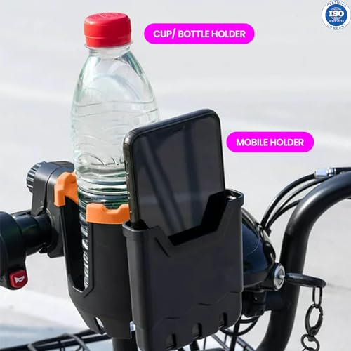 Image of Safe-O-Kid Stroller Cup Holder with Phone Organizer /Holder, Universal Cup Holder for Bottle with Handle, 360 Degrees Rotation Bottle Holder for Stroller, Pushchair, Wheelchair, Walker -Orange
