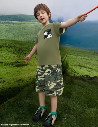 Image of mksodopy Boys Summer Outfit Set 2 Piece T Shirt and Camo Shorts Casual Clothes for Little Big Boys 5-16