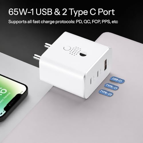 Image of 65W Trio Charger Adapter,3 Port USB Type C to A Fast Wall Charging Compatible with Nothing CMF Phone 1 /Nothing Phone 2 /2a /2a Plus /3a /3a Plus /Tablet & More, White | BIS Certified