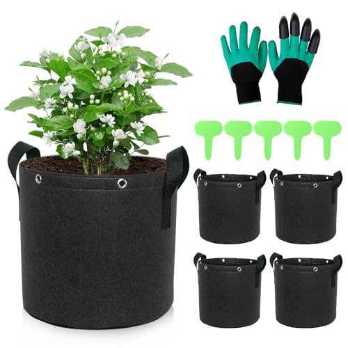mizikuu 5 Piezas Bolsas de Plantación, 19 L Saco Plantas Bolsa de Cultivo no Tejida Maceta de Cultivo con asa Reutilizable Macetas de Tela para Patatas Tomates Fresas Pimientos Zanahorias