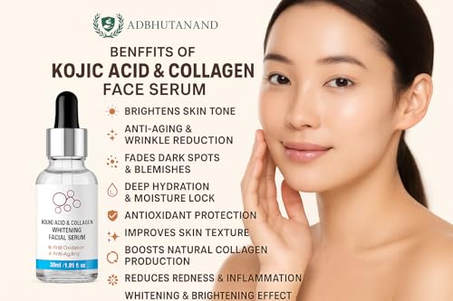 Image of Kojic Acid Face Serum with Collagen Fights Pigmentation Fades Dark Spots Anti Aging | Brightens & Evens Skin Tone Reduces Dark Spots, Fine Lines & Blemishes Hydrating & Plumping Serum for Glowing Skin
