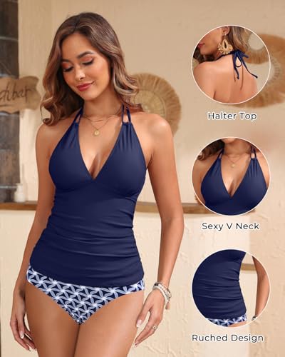 Image of Yonique Womens Two Piece Swimsuits Tummy Control Tankini Plus Size Bathing Suit Halter V Neck Swimwear