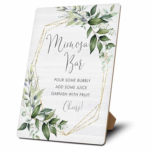 Valucise Mimosa Bar Sign, Mimosa Bar Supplies, 5x7 Wooden Tabletop Sign With Stand For Bridal Shower Baby Shower Wedding Birthday Christmas Party, Eucalyptus Brunch Decor, 14