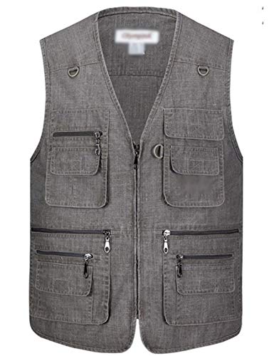 Flygo Men s Summer Casual Fishing Photography Vest Multi-Pocket Outdoor Waistcoat Jacket (Large, Dark Grey)