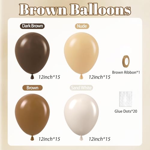 Image of 60pcs Brown Balloons 12inch with Dark Brown Coffee Nude Sand White Balloons for Boho Neutral Cowboy Baby Shower Birthday Party Decorations