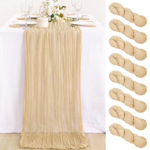 Image of MLMC 8 Pack Champagne Table Runner 10ft Rustic Sand Cheesecloth Table Runner Bulk 35x120 Inches Neutral Gauze Cheese Cloth Centerpiece for Outdoor Wedding Bridal Shower Gathering Party Decor