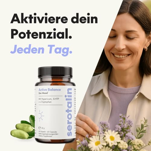 serotalin Active Balance Zen Mood | 60 hochdosierte Johanniskraut Kapseln mit Griffonia & L-Tryptophan, Vitamin D3, B-Komplex & Mangan | Ohne Koffein | Vegan
