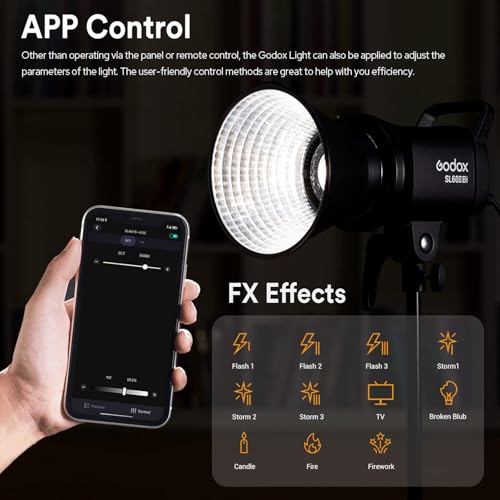 Godox SL60IIBi Bi-Color LED Video Light 75W, 2800K-6500K, CRI96+ TLCI97+, 25100Lux@1m, Bowens Mount LED Continuous Output Light w/11 FX Effects, APP/2.4G Wireless Control, Dimmiable Brightness