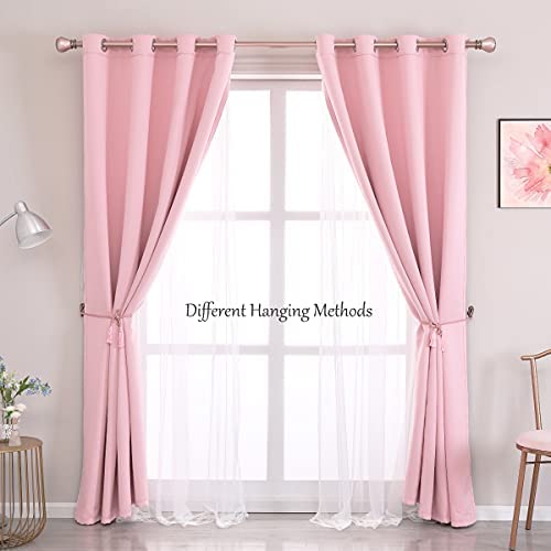 Image of Short Pink Curtains 63 Inch Long- Blackout Curtains with Voile Sheer Drapes Thermal Pink Window Treatments with Tie-Backs for Kids /Girls Bedroom Nursery Living Room, Elegant, 2 Panels