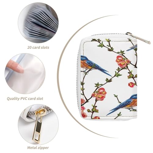 Women Leather Coin wallet, Key Change Organizer Zipper Card Holder Purse Clutch Pouch Pocket 4.5x3.15 in Print Spring Tree Branches Red flowers Green Leaves Birds4