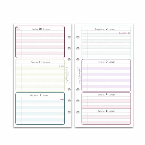 SinnWunder® Kalendereinlage 2025 Größe Personal – 1 Woche auf 2 Seiten – Für 6-Ringplaner - LuckySinn