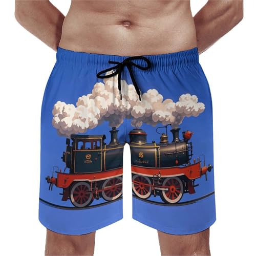 Mens Shorts Steam Train Clouds Men Swim Trunks Quick-Dry Beach Shorts with Drawstring Pocket Bathing Suit S White