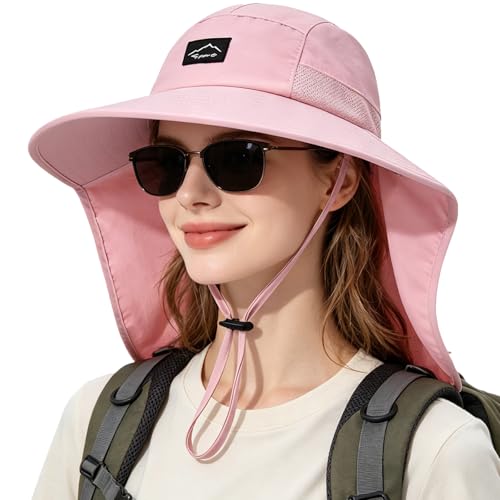 Image of Rosoz Outdoor Sun Hat for Men Women, UPF50+ Protection Safari Cap Wide Brim Mesh Fishing Hat with Neck Flap Beach Garden